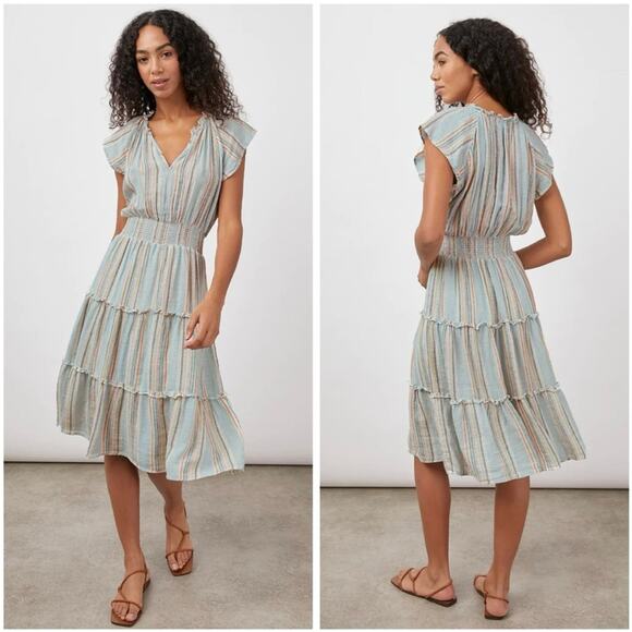 Rails Amelia Sag Harbour Rainbow Stripe Linen Tiered Coastal Flowy Midi Dress XS - Picture 1 of 14
